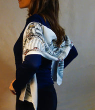 Charger l'image dans la galerie, Tiger Shoe drawing round design, made into a scarf and modeled on a woman.