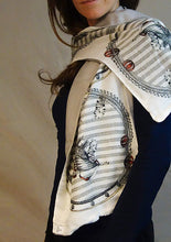 Charger l'image dans la galerie, Tiger Shoe drawing round design, made into a scarf and modeled on a woman.