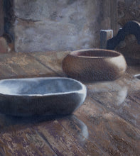Load image into Gallery viewer, Detail of the painting Tuscan Table in warm browns, copper, and greys, wooden bowls reflect on an antique wooden table in Tuscany, Italy