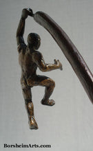 Load image into Gallery viewer, Back view of nude man hanging freely.  will he fall?  Will he choose to live?  The future is not written, a sculpture about choices by artist Kelly Borsheim