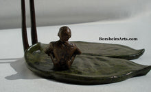 Load image into Gallery viewer, Another view back side of sitting man looking upwards.  Curious about the future in this bronze tabletop sculpture by Kelly Brosheim
