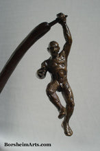 Load image into Gallery viewer, Nude man swings precariously in this bronze sculpture about choices and decisions.  Will he fall or save himself in this situation?