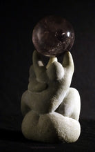 將圖片載入圖庫檢視器 Love my Planet  stone and glass crystal ball 12 x 5.5 x 4.5 inches Mixed media sculpture by Vasily Fedorouk, couple tries to lift up the world