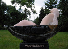 Load image into Gallery viewer, Mother Earth Artist's logo carved on back.  Figure sculpture of woman looking to the heavens, Portuguese rose marble figure with Picasso marble bath oval on a square granite base. Land 2006 stone sculpture by Vasily Fedorouk