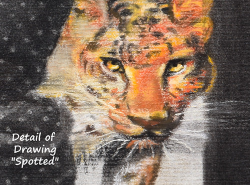 a stalking leopard drawn in pastels, detail of "spotted" drawing of woman with large cat