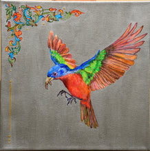 Load image into Gallery viewer, A square canvas painting of a brightly colored male painted bunting bird in flight with a worm in his beak on a metallic silver background, with decorative floral Florentine (Italian) calligraphy in the top-left corner.
