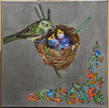 Load image into Gallery viewer, A square canvas painting depicting a momma painted bunting green bird perched above a nest with colorful eggs, set on a textured silvery background with decorative floral Florentine calligraphy in the lower right corner.
