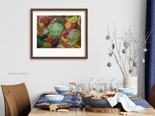 將圖片載入圖庫檢視器 Framed artwork of fruits and vegetables on a wall above a dining table with a Christmas decoration.
