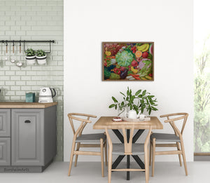 Dining area with wooden table and chairs, kitchen counter, and colorful fruit and vegetable painting on the wall.