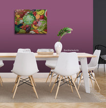 將圖片載入圖庫檢視器 Dining room with a wooden table and white chairs, featuring a colorful fruit and vegetable painting on the burgundy-colored wall.
