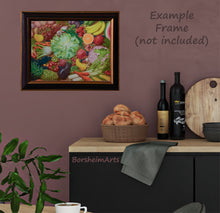 將圖片載入圖庫檢視器 Framed artwork of fruits and vegetables on a wall above a kitchen counter with bread and wine bottles.
