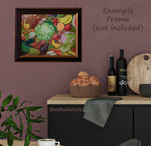 Framed artwork of fruits and vegetables on a wall above a kitchen counter with bread and wine bottles.