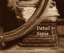 Load image into Gallery viewer, Sepia-toned close-up of a drawing detail of books sitting on square base with an oval decorative frame, featuring the text &#39;Detail ~ Sepia&#39;.
