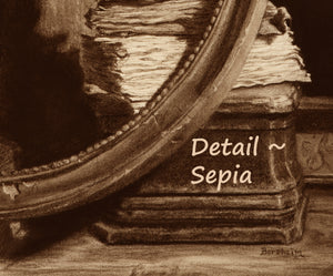 Sepia-toned close-up of a drawing detail of books sitting on square base with an oval decorative frame, featuring the text 'Detail ~ Sepia'.