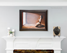 Cargar imagen en el visor de la galería, Framed artwork on a white wall above a fireplace with a small bronze bas-relief sculpture displayed on small easel and sitting on the mantel.  Art by Kelly Borsheim
