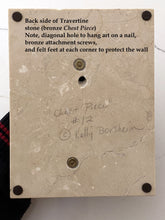 Cargar imagen en el visor de la galería, Back side of Travertine stone with text and hardware details, signed by Kelly Borsheim.
