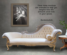 Charger l'image dans la galerie, Decorative chaise lounge with ornate design in a room setting, featuring artwork and BorsheimArts branding.
