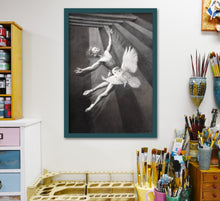 Charger l'image dans la galerie, Art studio with a framed black and white artwork of two fairies, surrounded by art supplies.
