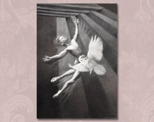 Charger l'image dans la galerie, Charcoal drawing of a winged creature reaching out towards a person against a textured wall.
