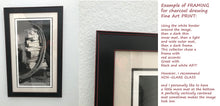 Load image into Gallery viewer, Example of Framed black and white art print on a white wall with text on framing.
