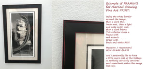 Example of Framed black and white art print on a white wall with text on framing.