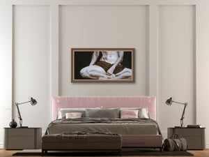 faux frame to show how the figure painting might look in a minimalist bedroom