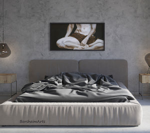 Painting of a female model hangs over a man's bedroom