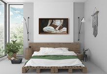 Load image into Gallery viewer, Framed figure painting of woman&#39;s legs and lower torso enhances this contemporary bedroom scene
