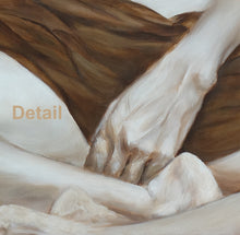 Load image into Gallery viewer, detail of painting showing the brushstrokes of the woman&#39;s hand resting over her ankles
