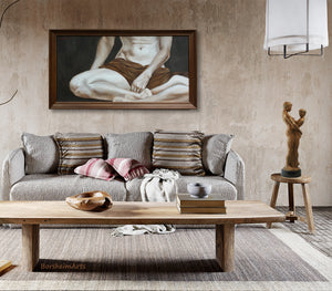 Framed painting of female body on the wall of monochromatic brown living room. Bronze sculpure Together and Alone sits on a small table on the right. Both artworks by Kelly Borsheim