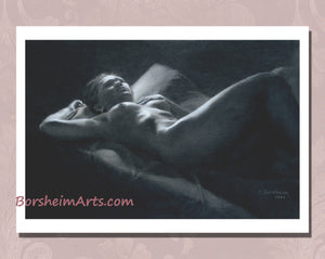 Fine art print on paper with white paper borders in full view of nude woman lying on her bed at night, staring up to the ceiling, lost in thought.