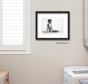 classical figure drawing of a seated woman shown in black frame in a laundry room of a private home, Isidora.