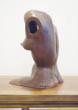 Laden Sie das Bild in den Galerie-Viewer, Terra-cotta hollow sculpture of a woman's torso sitting on a wooden dresser, side or profile view showing artist's signature on the left hip
