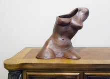 Laden Sie das Bild in den Galerie-Viewer, Front view of sculpture of female torso rests on a wooden table, hole in the top, diagonally and organic on figure's right shoulder
