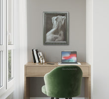 將圖片載入圖庫檢視器 A monochromatic grey and silver framed figure painting from live model hangs on the wall over a home office with a desk, laptop, and decorative items against a gray wall.
