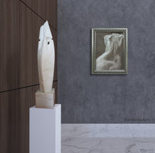 將圖片載入圖庫檢視器 Marble sculpture flame by Vasily Fedorouk on a pedestal with a framed figure painting by artist Kelly Borsheim of a simple design on a gray wall.
