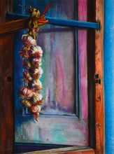 Cargar imagen en el visor de la galería, Decorative garlic braid garland hanging on a wooden window frame with a blurred interior background, painted with vibrant colors in pastel
