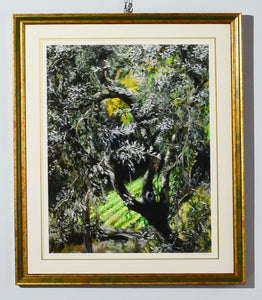 Fine art print of a portrait of an olive tree in Tuscany is framed with white mat, thin gold outline in the mat, and the frame is gold with a green inner section.  Lovely and bright.