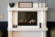 將圖片載入圖庫檢視器 White mantle with decorative items including a framed picture of painted orchids and farm tools.
