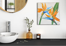 Laden Sie das Bild in den Galerie-Viewer, Bird of paradise flower painting shown here hanging in a modern bathroom decor
