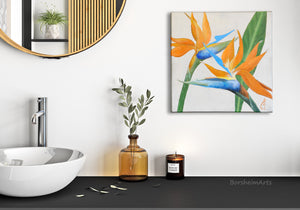 Bird of paradise flower painting shown here hanging in a modern bathroom decor