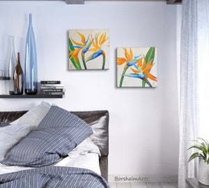 Birds of Paradise Original Paintings, Set of 2 tropical flowers wall art, Diptych Floral painting, Colorful Flower Lover Gift, Botanical Art in bedroom wall art