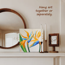 Load image into Gallery viewer, 12 x 12 inch bird of paradise flower painting sits well on a mantle or shelf

