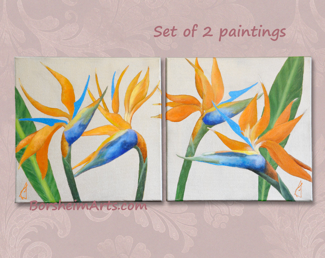 Birds of Paradise Original Paintings, Set of 2 tropical flowers wall art, Diptych Floral painting, Colorful Flower Lover Gift, Botanical Art