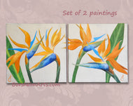 Birds of Paradise Original Paintings, Set of 2 tropical flowers wall art, Diptych Floral painting, Colorful Flower Lover Gift, Botanical Art