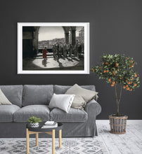 Load image into Gallery viewer, another framing idea of black and white drawing... white mat, light grey frame in living room wall decor
