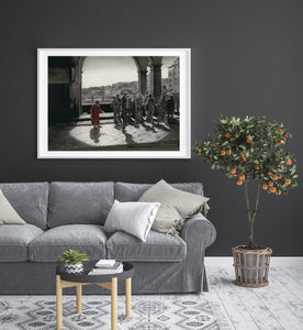 another framing idea of black and white drawing... white mat, light grey frame in living room wall decor