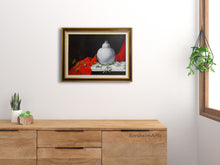 將圖片載入圖庫檢視器 Framed artwork of passion flowers, a red cloth, and round porcelain vase with lid on a wall above a wooden cabinet with 'BorsheimArts' branding.
