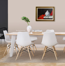 將圖片載入圖庫檢視器 Dining room with white chairs, a wooden table, and a framed still life painting on the wall.
