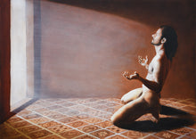 Carica l&#39;immagine nel visualizzatore di Gallery, This image shows ONLY the oil painting on canvas, without the matching frame.  Warm neutrals.. .a classy male nude artwork that focuses more on vulnerability than sexuality.
